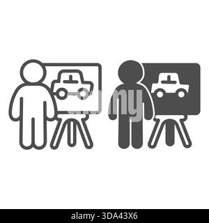 Lecturer man at driving course line and solid icon, driver license concept. Vector graphics. Man and car on whiteboard with tripod sign on white backg Stock Vector