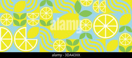 Geometric Flat Lemon and Leaf Tile Design. Bauhaus vegetable abstract minimalist fruit pattern. Shapes of natural organic flower plants, eco-agriculture citrus. Stock Vector