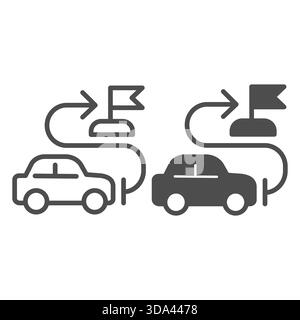 Car vehicle and destination flag line and solid icon, driving school concept. Vector graphics. Route with location pointer and car sign on white backg Stock Vector