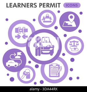Learners permit symbols collection or sketches, driving theme bubble with glyph style signs for web and app. Vector graphics isolated on white backgro Stock Vector