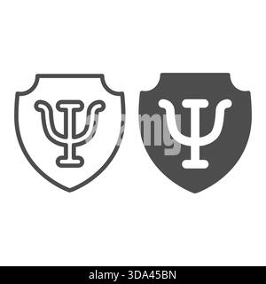 Shield with trident line and solid icon, family therapy concept. Vector graphics. Psychiatry emblem, mental health sign on white background, outline s Stock Vector
