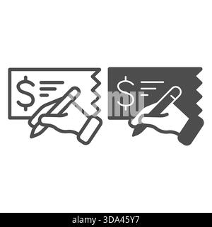 Check paper with dollar and hand with pen line and solid icon, finance concept. Vector graphics. Financial bill, payment sign on white background, out Stock Vector