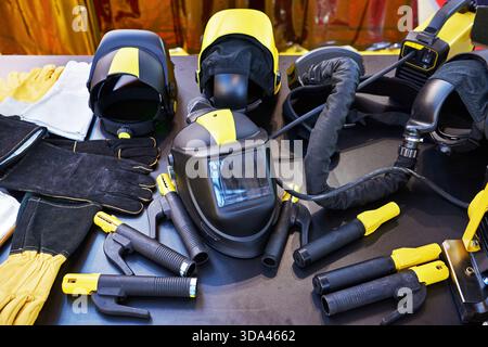 Protective workwear for welding in store Stock Photo