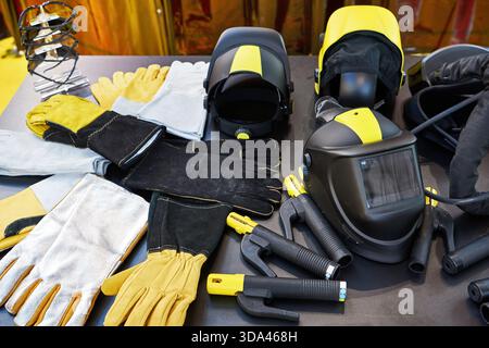 Protective workwear for welding in store Stock Photo