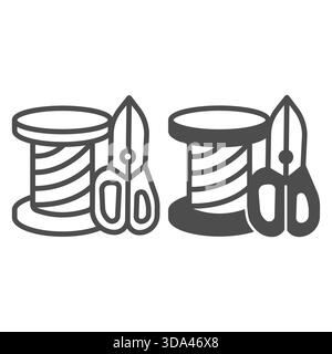 Spool of thread with scissors line and solid icon, sewing tools concept. Vector graphics. Scissors and reel, handicraft accessory sign on white backgr Stock Vector