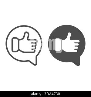 Popup with thumb up hand line and solid icon, psychiatry concept. Vector graphics. Like symbol in speech dialog, positive review sign on white backgro Stock Vector