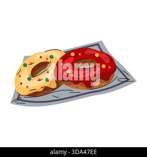 Doughnut or donut on plate. American food. Vector pastry with sugar and glaze, sprinkles and cream. Sweet bakery or dessert for snack clipart. Breakfast coffee treat. Bistro or coffeeshop meal, dish. Stock Vector