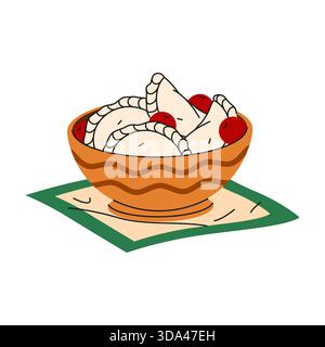 Ukrainian dumplings with cherry. Vector traditional Ukraine meal called varenyky. Meal of dough filled with berry. Sweet dessert serving and eating. Cooking and culinary sign. Gastronomy and nutrition Stock Vector