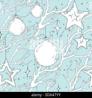 A seamless pattern with baubles and stars hanging on tree branches. A hand-drawn monochrome line art graphic illustration with pen and ink. Christmas Stock Vector