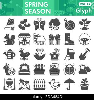 Spring season symbols collection or sketches, gardening theme in glyph style signs for web and app. Vector graphics isolated on white background Stock Vector