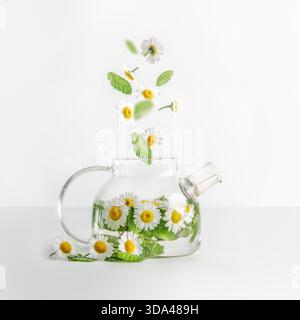 Herbal tea with chamomile in glass teapot and flying herbs and flowers at white background. Modern levitation concept. Healthy warm beverage. Front vi Stock Photo