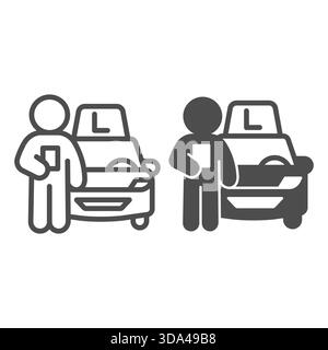 Instructor and company car line and solid icon, learners permit concept. Vector graphics. Man with driving school vehicle, driving sign on white backg Stock Vector