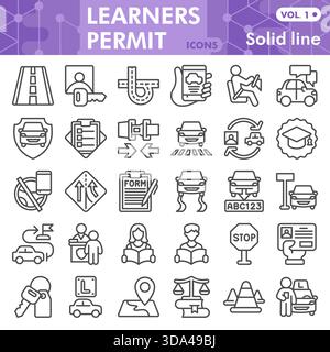 Learners permit symbols collection or sketches, driving theme bubble with line style signs for web and app. Vector graphics isolated on white backgrou Stock Vector
