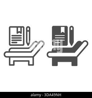 Therapy bed and test paper with pen line and solid icon, family therapy concept. Vector graphics. Psychologist consultation sign on white background, Stock Vector