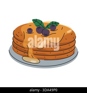 Vector pancakes with syrup or American dessert food. Sweet meal for brunch or breakfast. Morning nutrition and cooking symbol. Cartoon graphic for pastry and bakery. Culinary and cuisine, gastronomy. Stock Vector