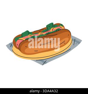 American hot dog. Vector fast food with sausage or frankfurter in bun or bread. Wiener with ketchup and mustard. Street or quick, junk nutrition sign. Dish or meal for festival or baseball. Lunch. Stock Vector