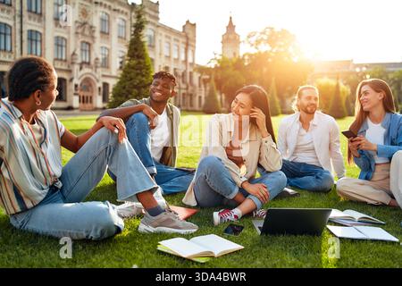 A diverse group of students is gathered on a sunny college campus lawn, engaging in discussions, laughter, and collaborative studying, creating a chee Stock Photo