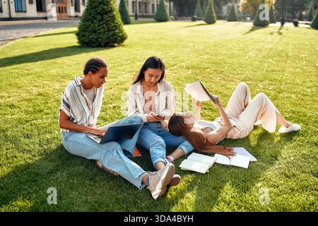 The vibrant academic community reflects a wide variety of student experiences, with students happily studying and socializing on a sunny campus. It em Stock Photo