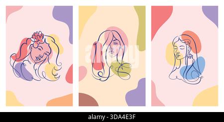Set of three card designs with women faces made with one calligraphic line with contrast colour shapes in modern style. Made for cosmetics, facial Stock Vector