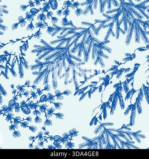 Blue Christmas and winter natural wooden patterns. Pine tree cone, fir branches and holly bush plant. Vintage looking hand drawn engraving set. Stock Vector