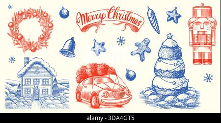 Set of detailed hand drawn Christmas elements in dot work style. eve on the car, winter house landscape a nutcracker and a wreath with merry xmas sign Stock Vector