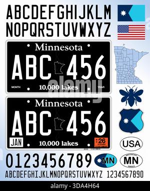 Minnesota car license plate blackout style, letters, numbers and symbols, vector illustration, USA, United States Stock Vector