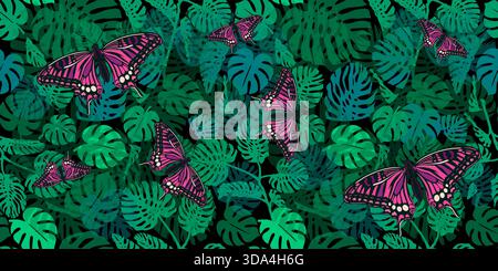 Abstract minimal monstera leaves plant on a dark background with butterflies. Modern vector illustration in continuous line art style. Botanical Stock Vector