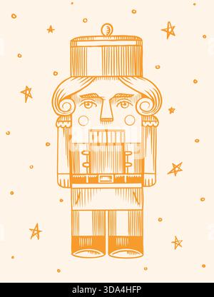 Christmas gift card. Merry Christmas concept with a Russian nutcracker soldier toy. Hand drawn elements in dot work style for invitation to a party  Stock Vector