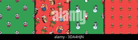 Christmas collection of seamless patterns with a cute animal characters for holidays baby and kids package and wrapping. Stock Vector