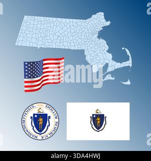 Massachusetts US federal state waving flag, seal and map, United States, vector illustration Stock Vector