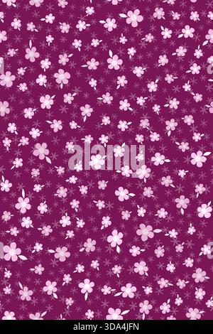 Seamless pattern with randomly many pink flowers and snowflakes on wine red background. Romantic red pink vector illustration. Winter wedding decor Stock Vector