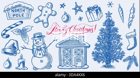 Big blue collection of winter, New year and Christmas elements in hand drawn old vintage style. Ginger house and bread, pine tree and North Pole sign Stock Vector