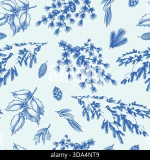Blue Christmas and winter natural wooden patterns. Pine tree cone, fir branches and holly bush plant. Vintage looking hand drawn engraving set. Stock Vector