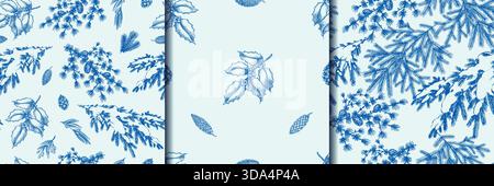Blue Christmas and winter natural wooden patterns. Pine tree cone, fir branches and holly bush plant. Vintage looking hand drawn engraving set. Stock Vector