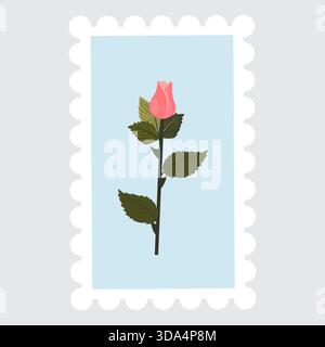 A postage stamp depicting a light pink rosebud on a stem. Vector illustration isolated on a gray background. Stock Vector