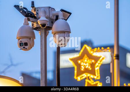 Video surveillance at the Christmas market in Duisburg city centre, Königstraße, by a private security company on behalf of the city; in the event of Stock Photo