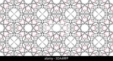 Black red ethnic seamless ornament. Fantasy ornate background in classic colors. Graceful fine lace of swirl. Geometric pattern of curved lines. Ornam Stock Vector