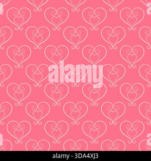 Repeating seamless pattern of hearts. Fantasy heart of beautiful curls. Cute warm pink background for your romantic design projects. Stock Vector