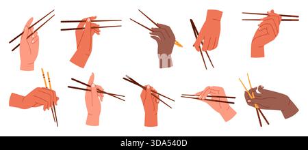 Various hand positions holding empty chopsticks, showcasing different skin tones and grips, ideal for Asian cuisine or instructional concepts, isolated on white background vector illustration Stock Vector