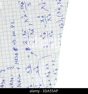 Torn Paper with Math Notes. Ripped piece of graph paper shows handwritten mathematical equations in blue ink isolated for scrapbooking. Expressing Stock Photo