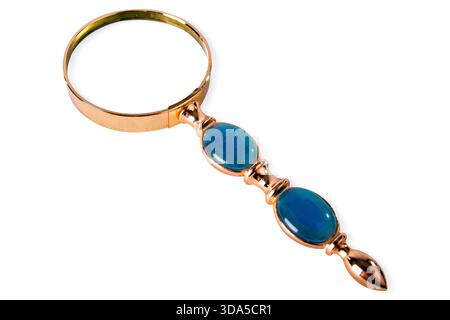 A gold with precious stones magnifying glass on white background, isolated. Stock Photo