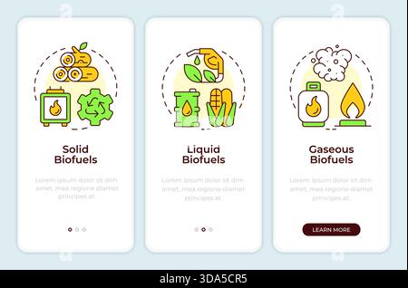 Types of biofuel onboarding mobile app screen Stock Vector