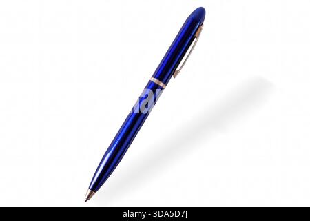 Blue ballpen with metallic parts on white background, isolated. Stock Photo