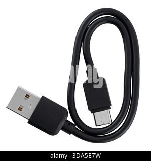 Black cable with USB and Type-C connectors, on a white background in insulation Stock Photo