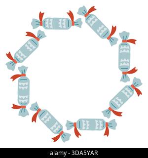 Vector illustration of a circular frame made of blue wrapped candies with red ribbons. Sweet and festive border suitable for Christmas projects, kids Stock Vector