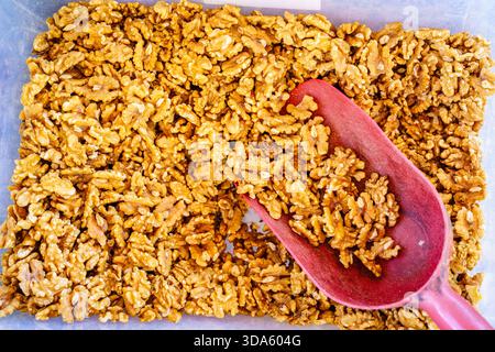 Close-up image of a tray with walnuts at a farmers market on Crete, Greece Stock Photo