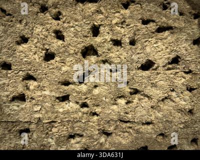 Closeup texture of mineral wool insulation, rock wool or stone wool. Fibrous, perforated surface shows the kind of thermal and acoustic material used Stock Photo