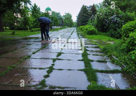 Long perspective of a wet paved path with puddles. Green grass grows in the joints between the slabs. A couple under an umbrella is in the background. Stock Photo