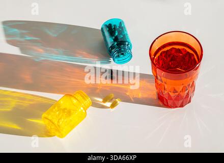 Colorful pill bottles and glass of water casting vibrant shadows on white surface. Health, wellness and self care concepts. Stock Photo