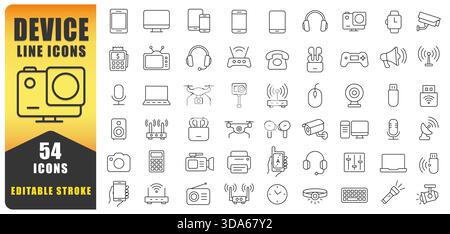 Device Line Icon Set. Electronic Devices And Gadgets Icons For Web, Mobile App. Smart Devices, Drone, Technology, Smartphone, Tablet, Laptop. Editable Stock Vector
